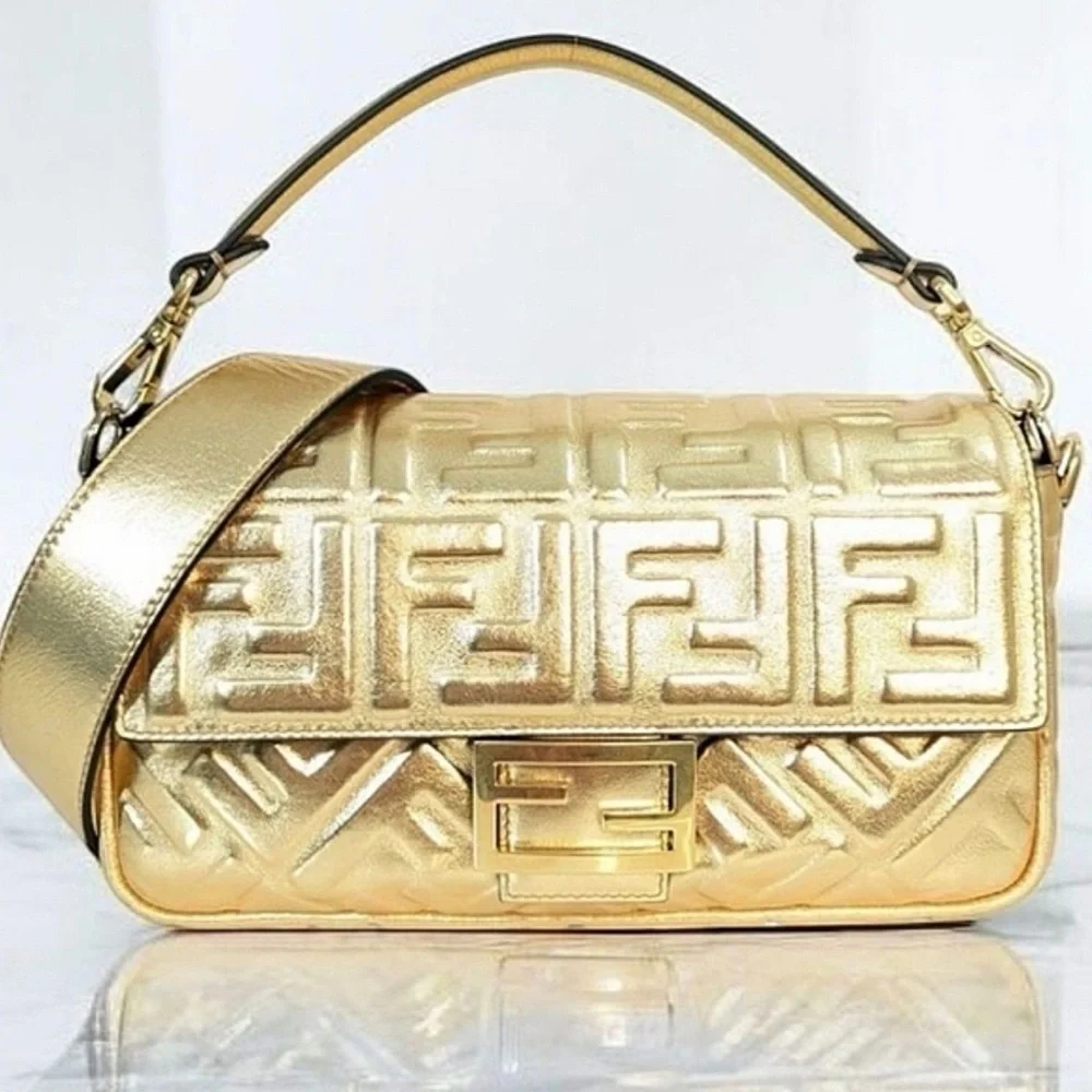 Fashion Gold Mono Quilted Medium Baguette Shoulder Bag - Picture 1 of 16